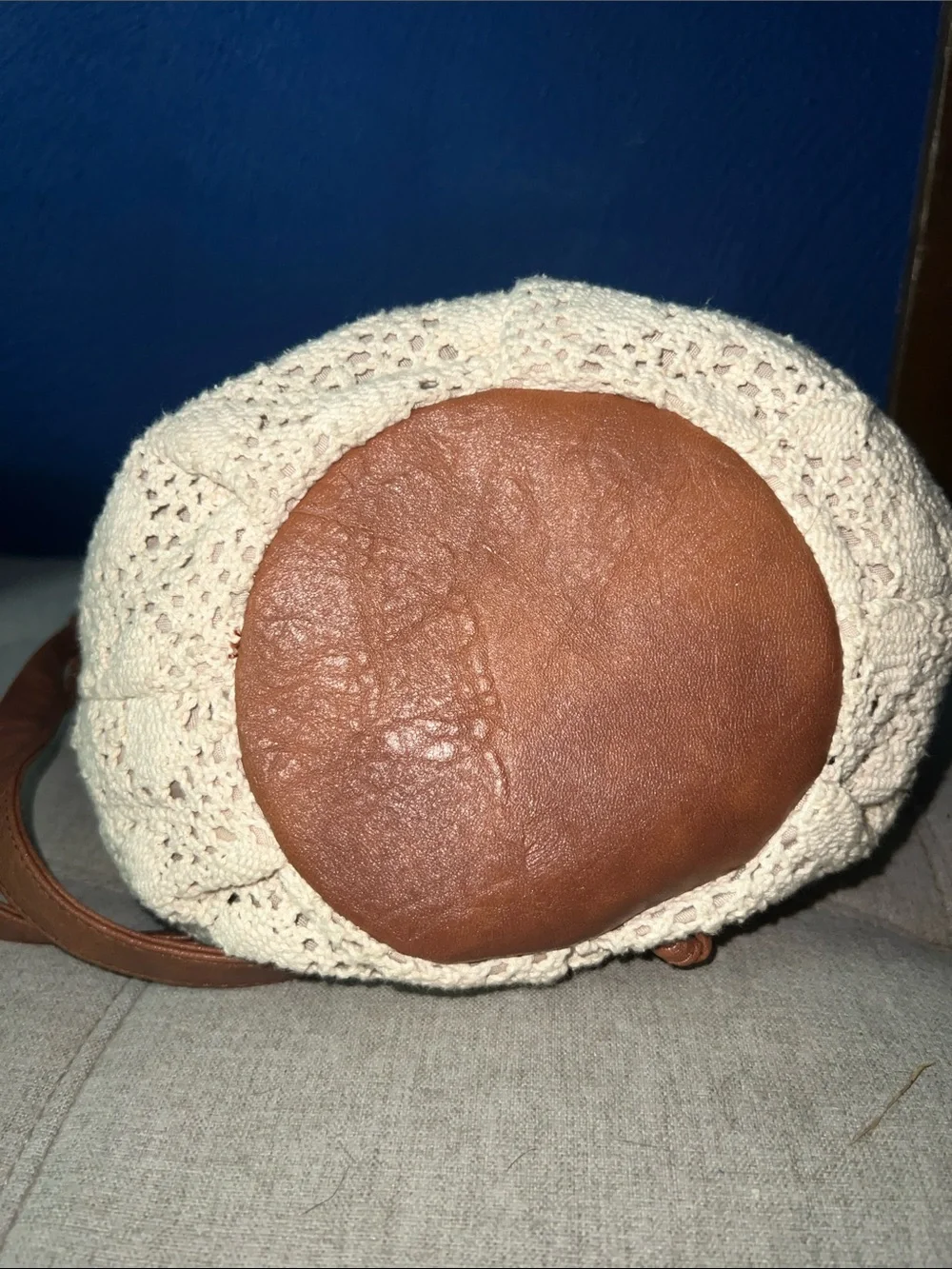 Cream Crochet Drawstring Bucket Bag with Brown Trim